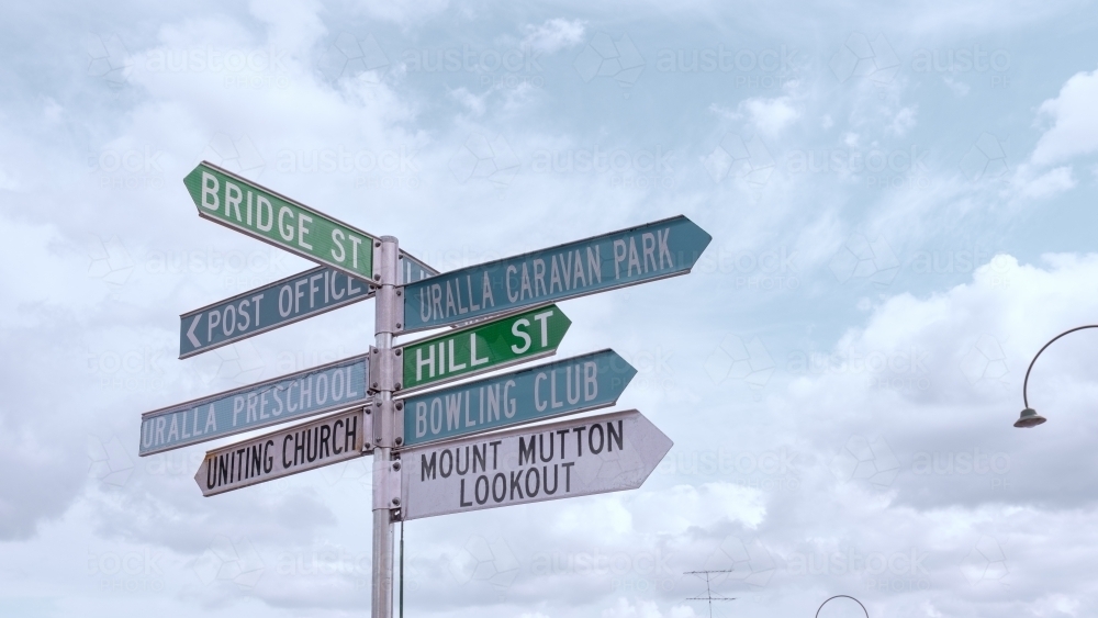 Street sign with blue sky background in small town - Australian Stock Image