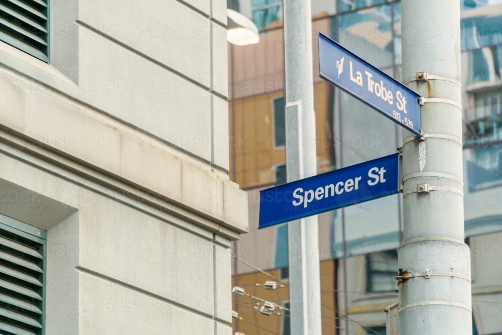 Street signs on the corner of La Trobe and Spencer Streets in Melbourne - Australian Stock Image