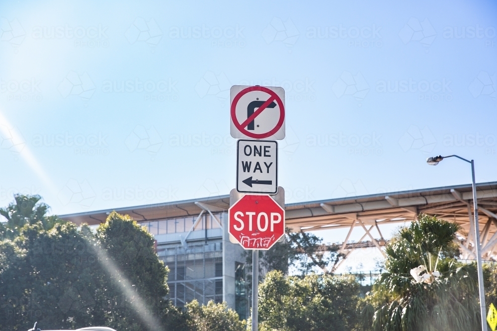 street signs one way no right turn stop - Australian Stock Image