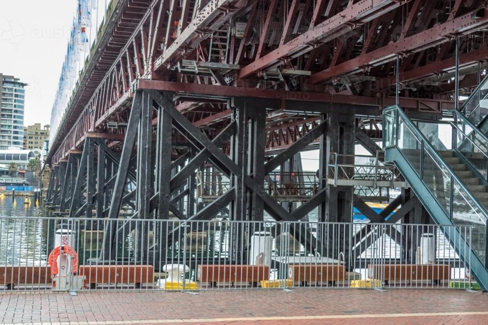 Structural supports underneath Pyrmont Bridge, Darling Harbour - Australian Stock Image