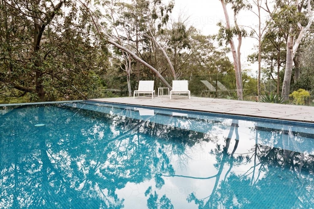 Stunning blue tiled infinity swimming pool in Australian home with bush garden setting - Australian Stock Image