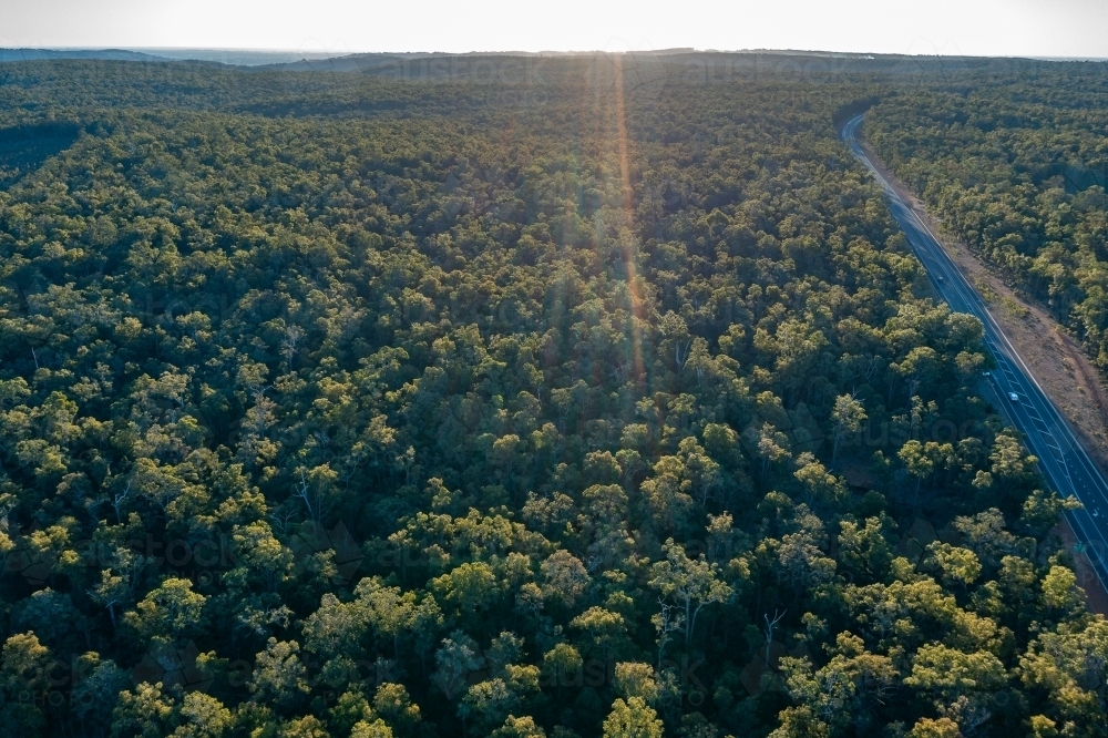 sun flare over native forest with highway cutting through - Australian Stock Image