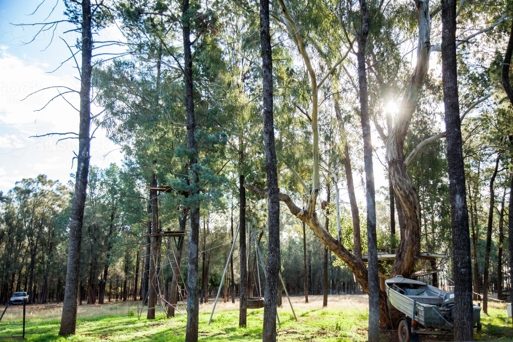 Sun flare through trees with boat and flying fox zipline - Australian Stock Image