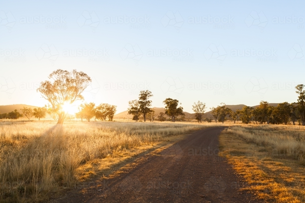Sun rising up over paddock and dirt road on farm - Australian Stock Image