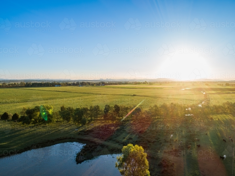 Image of Sun setting in blue sky over rural Australian agricultural ...