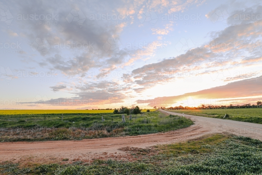 sun setting on country road in Central Victoria, Australia. Late afternoon in Australia. Landscape - Australian Stock Image