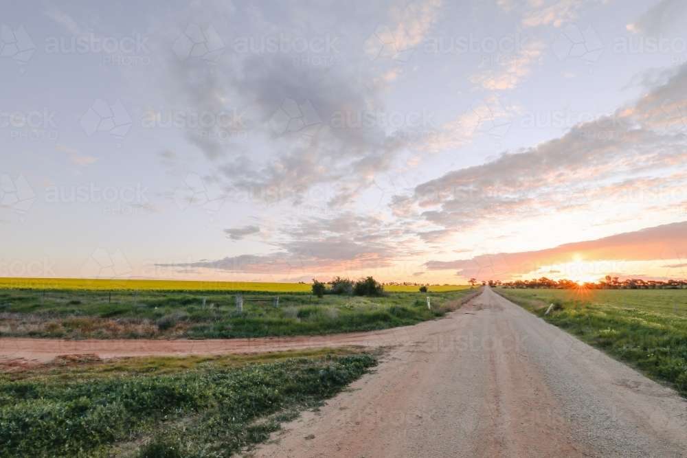 sun setting on country road in Central Victoria, Australia. Late afternoon in Australia. Landscape - Australian Stock Image
