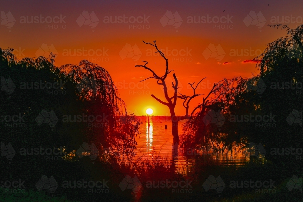 Sun setting over Kow Swamp in Central Victoria - Australian Stock Image