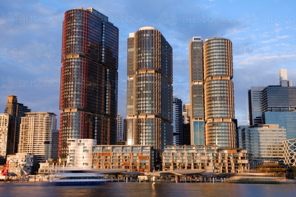 Sunny Barangaroo Sydney buildings on waterfront - Australian Stock Image