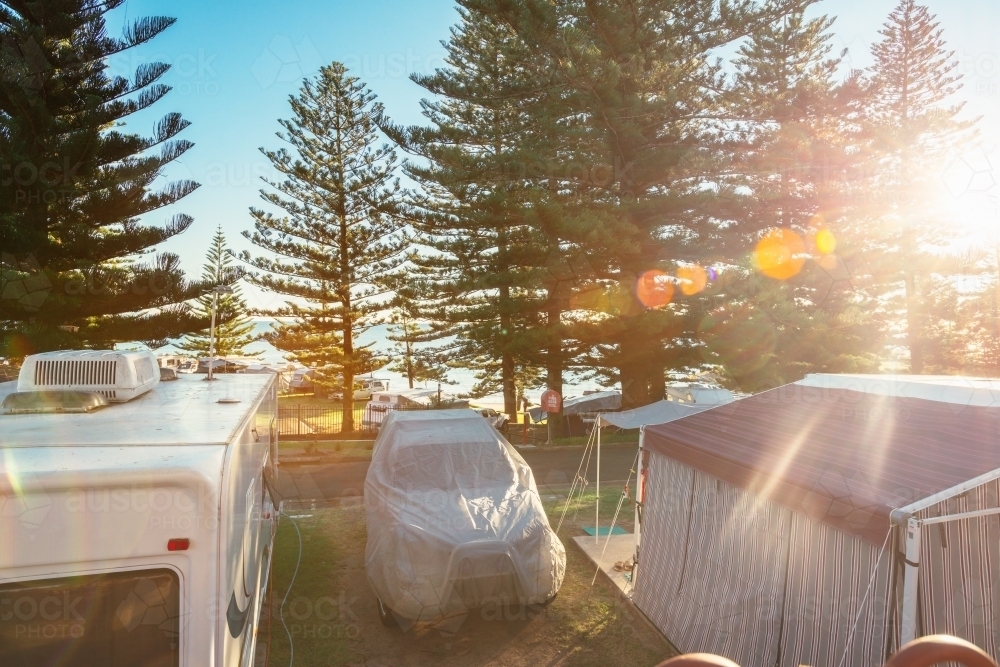 Sunrise at a caravan park by the sea - Australian Stock Image