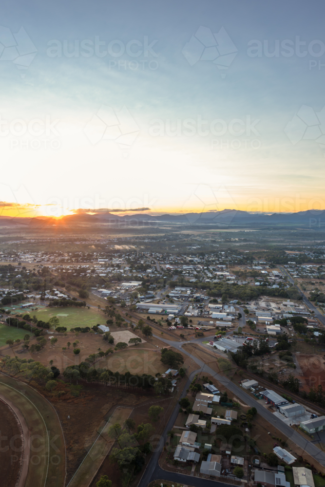 Sunrise hot air balloon ride view over Mareeba in the Atherton Tablelands - Australian Stock Image