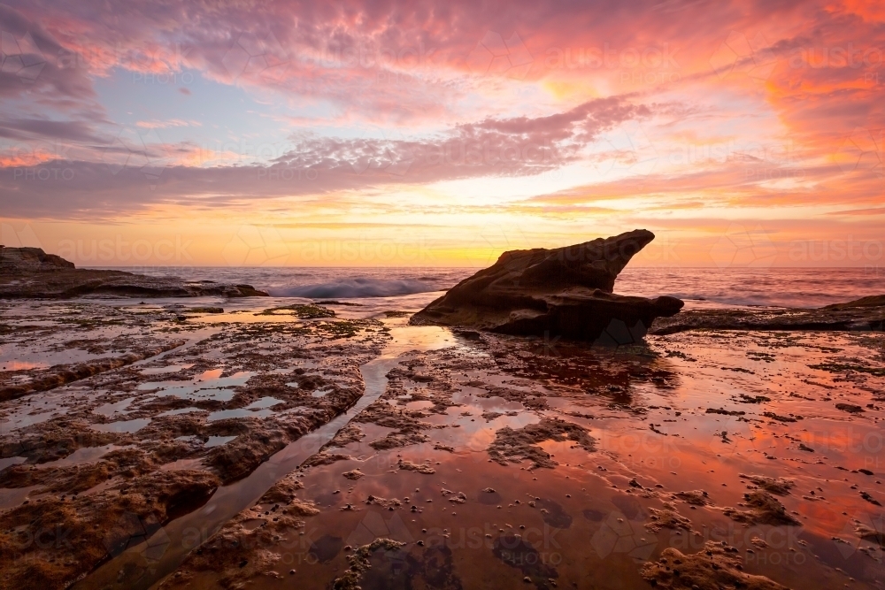Sunrise on the coastal rock shelf at low tide with the sky colours reflected in water - Australian Stock Image