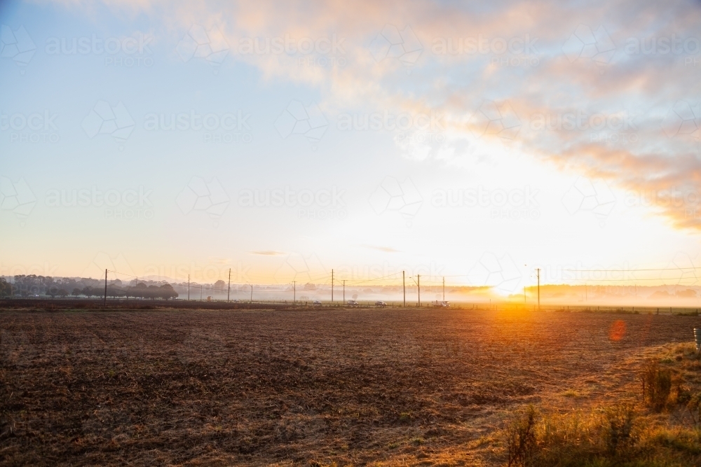 Sunrise over misty paddocks and busy road with morning rush traffic and power poles - Australian Stock Image