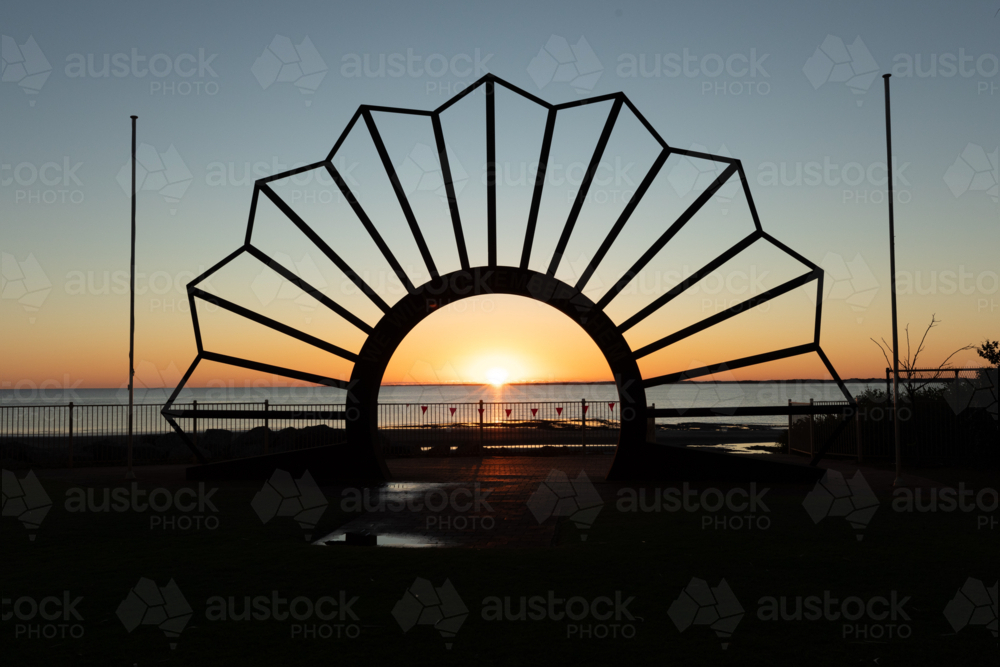 Sunrise through the Anzac memorial, Onslow, WA - Australian Stock Image