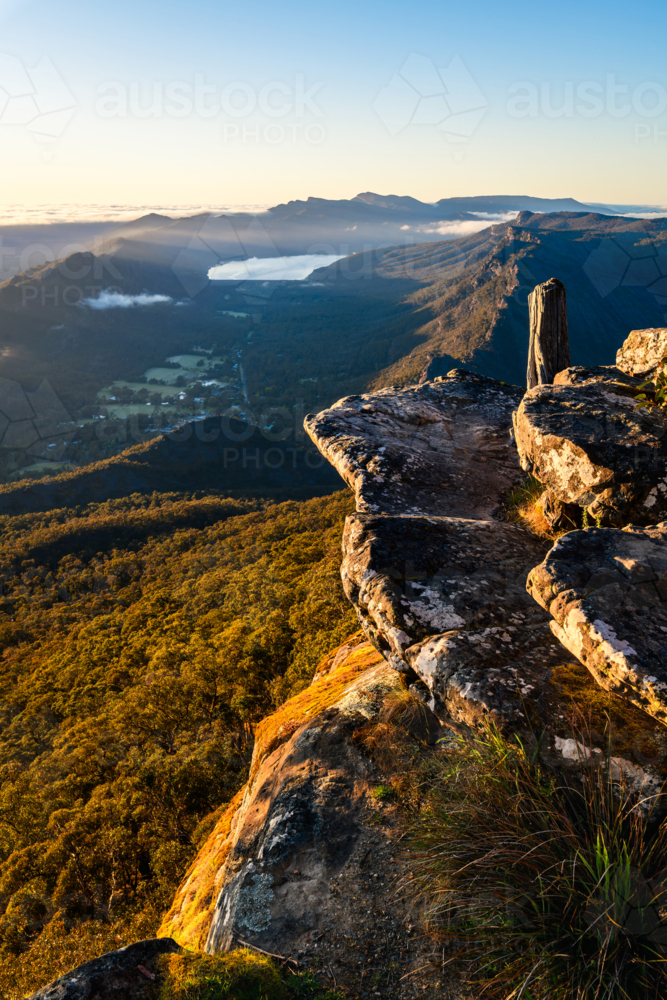 sunrise view from Boroka Lookout towards Halls Gap, Grampians, Victoria, Australia - Australian Stock Image