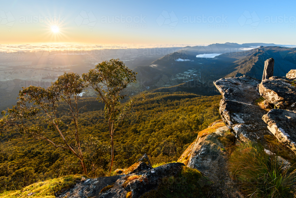 Sunrise view from Boroka Lookout towards Halls Gap, Grampians, Victoria, Australia - Australian Stock Image
