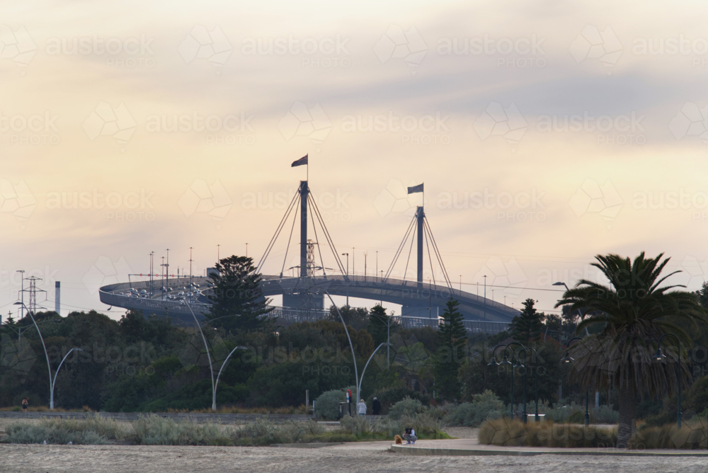Sunset at beachside park near Westgate Bridge - Australian Stock Image