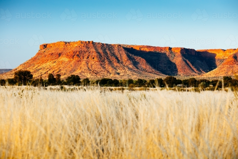 Sunset colours on the rising landforms above the plains near Kings Canyon in Central Australia - Australian Stock Image