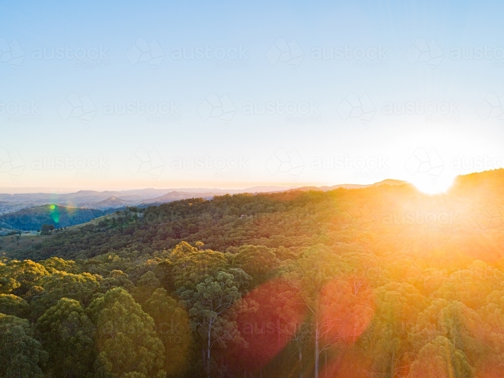Sunset light over mountains covered in trees - Australian Stock Image