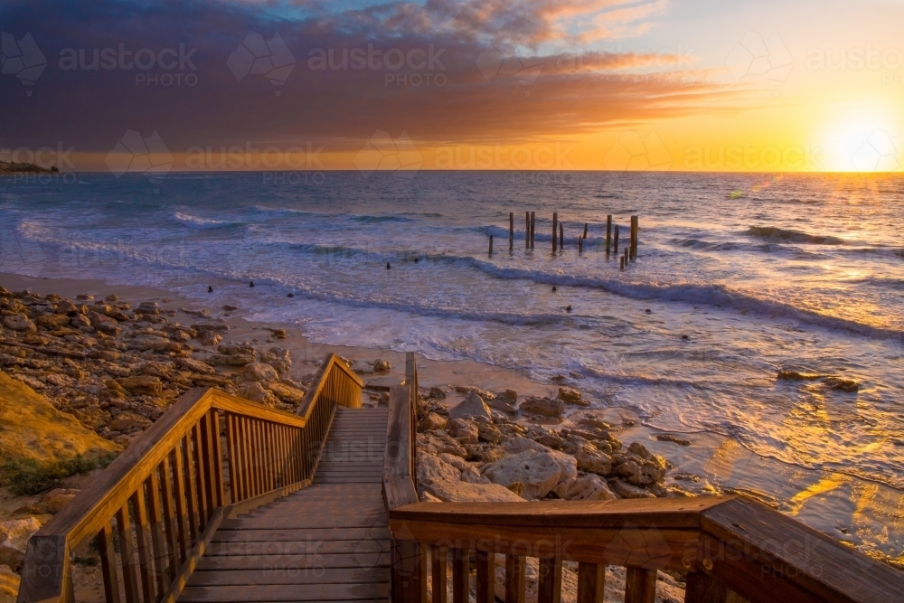 Sunset on the boardwalk at Port Willunga, South Australia - Australian Stock Image