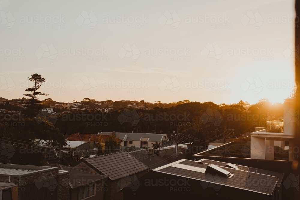 Sunset over the residential buildings in Bronte, New South Wales. - Australian Stock Image