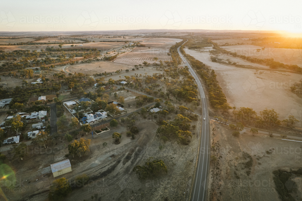 Sunset over the town of Grass Valley and Great Eastern Highway in Western Australia - Australian Stock Image