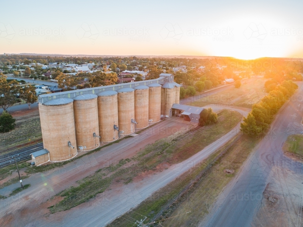 Sunset over wheat silos at Coolamon - Australian Stock Image