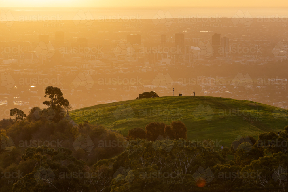 Sunset Silhouettes on Hill Overlooking Adelaide from Mount Osmond, South Australia - Australian Stock Image