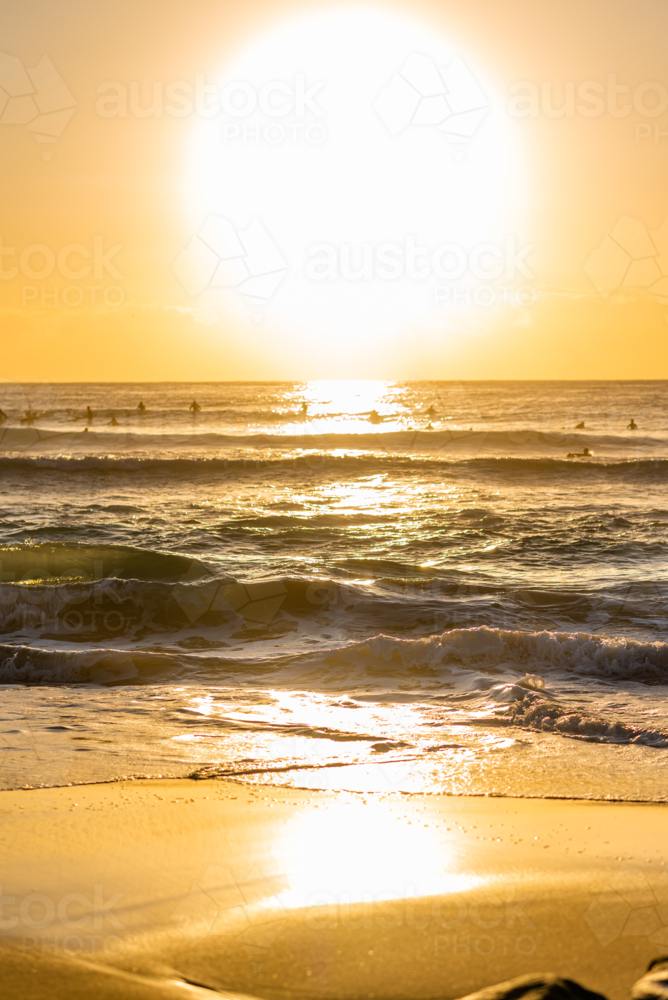 sunset surfers sesh during golden hour at the beach - Australian Stock Image