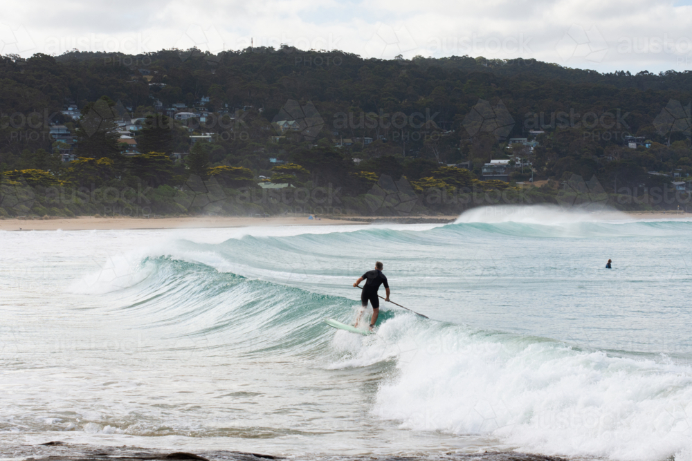 SUP Stand Up Paddle Boarder riding a breaking wave - Australian Stock Image