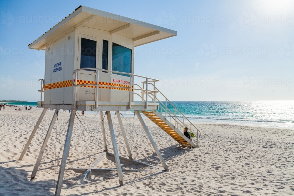 Surf Life saving lookout tower on a beach in summer - Australian Stock Image