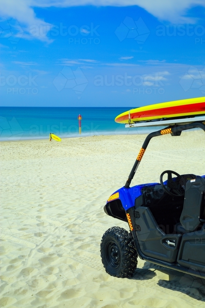 Surf lifeguard equipment on Kings Beach, Caloundra, on the Sunshine Coast - Australian Stock Image