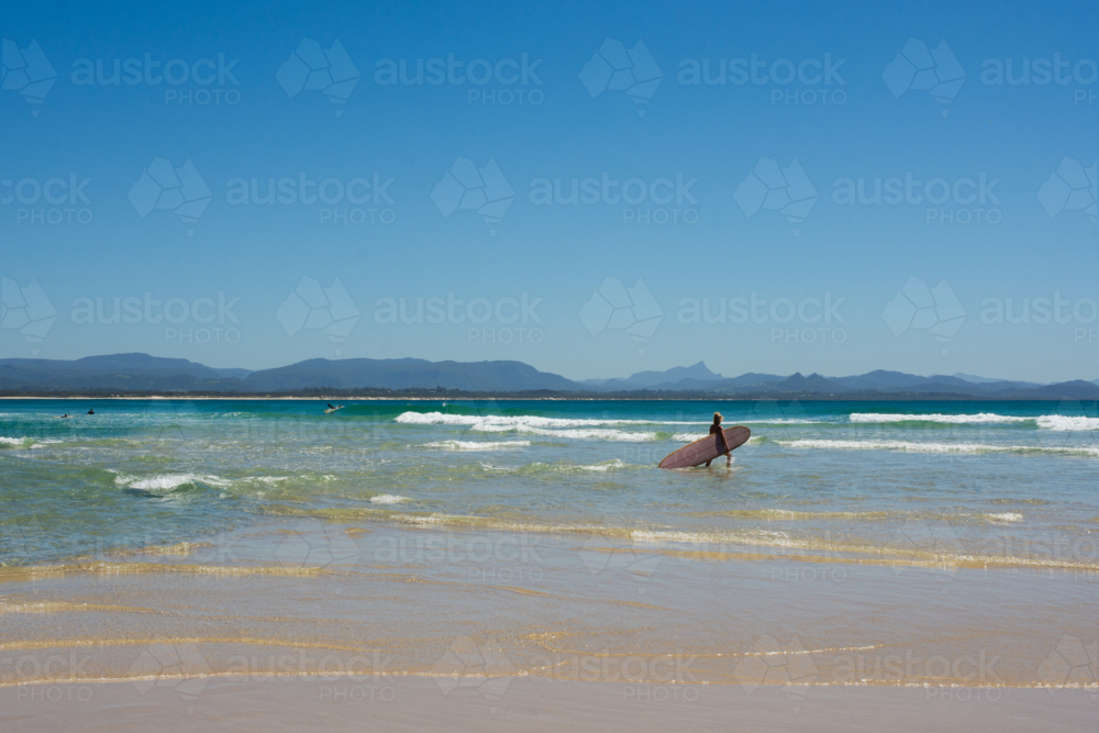 Surfer walking in water with pink surfboard - Australian Stock Image