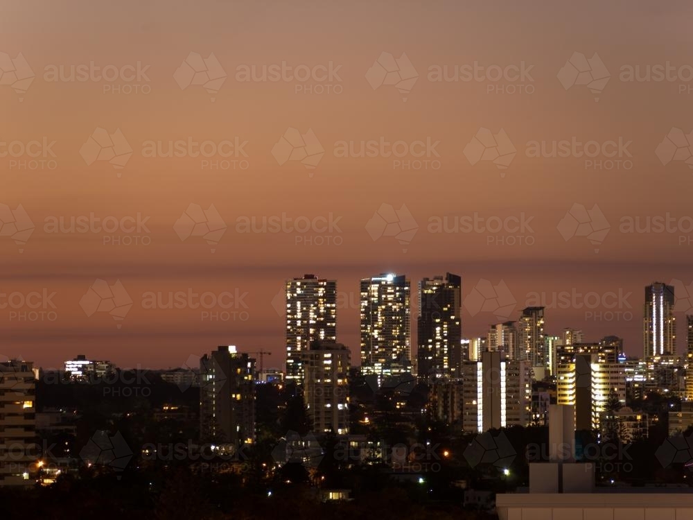 Surfers Paradise at dusk with a hazy smokey backdrop - Australian Stock Image