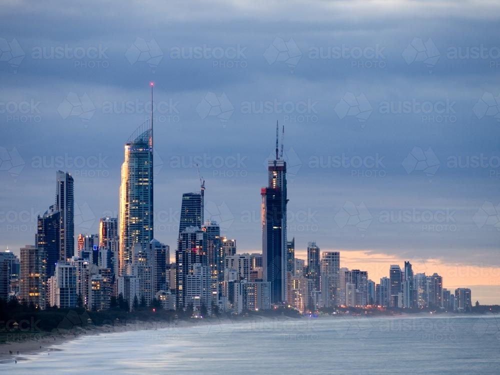 Surfers Paradise, Gold Coast tall buildings just before sunset - Australian Stock Image