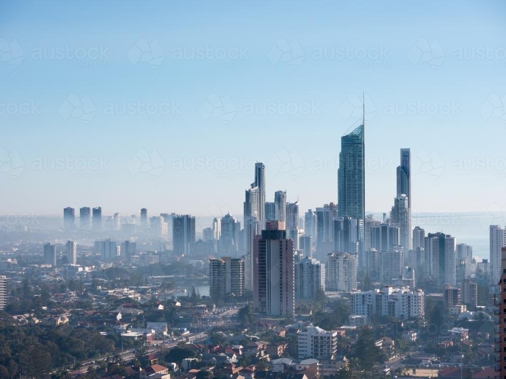 Surfers Paradise in the distance with bushfire smoke - Australian Stock Image