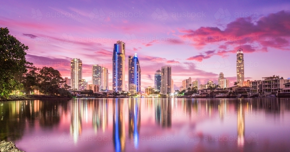 Surfers Paradise skyline during a pink pre sunrise dawn. - Australian Stock Image