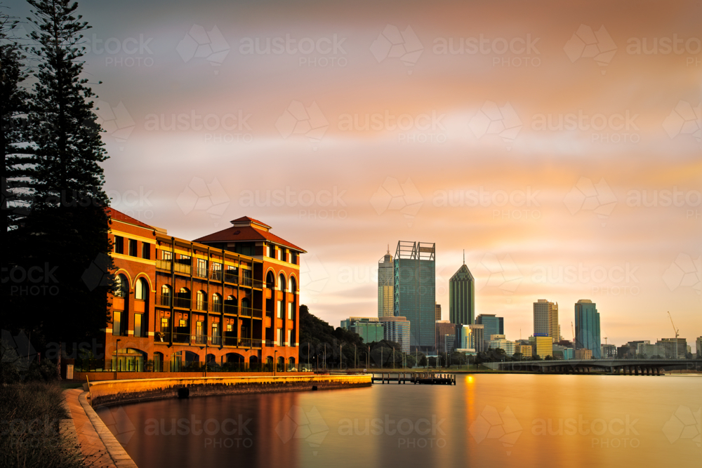 Swan River Sunrise With Perth City As Backdrop - Australian Stock Image