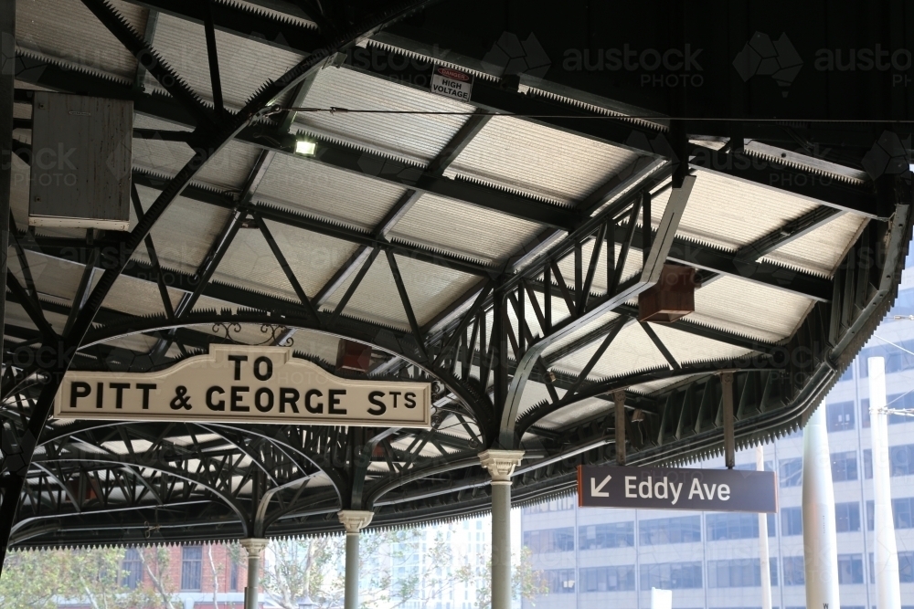 Sydney Central train station ceiling structure showing sign - Australian Stock Image