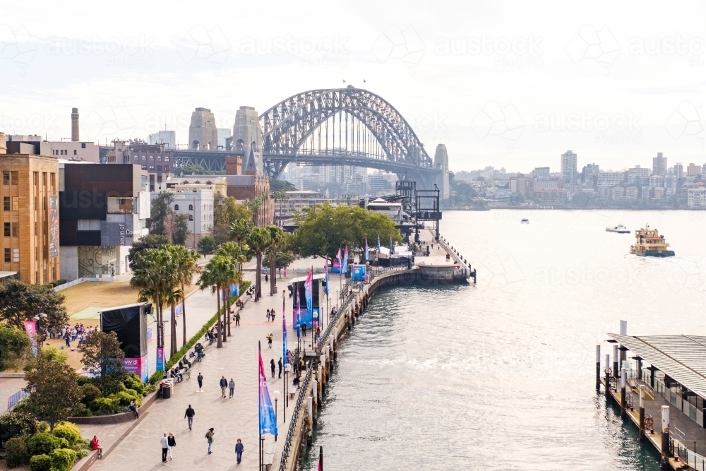 Sydney Harbour Bridge and the MCA at Circular Quay Sydney on an overcast day - Australian Stock Image