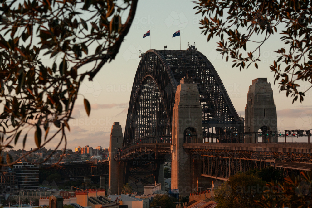 Sydney Harbour Bridge at dusk from Observatory Hill - Australian Stock Image