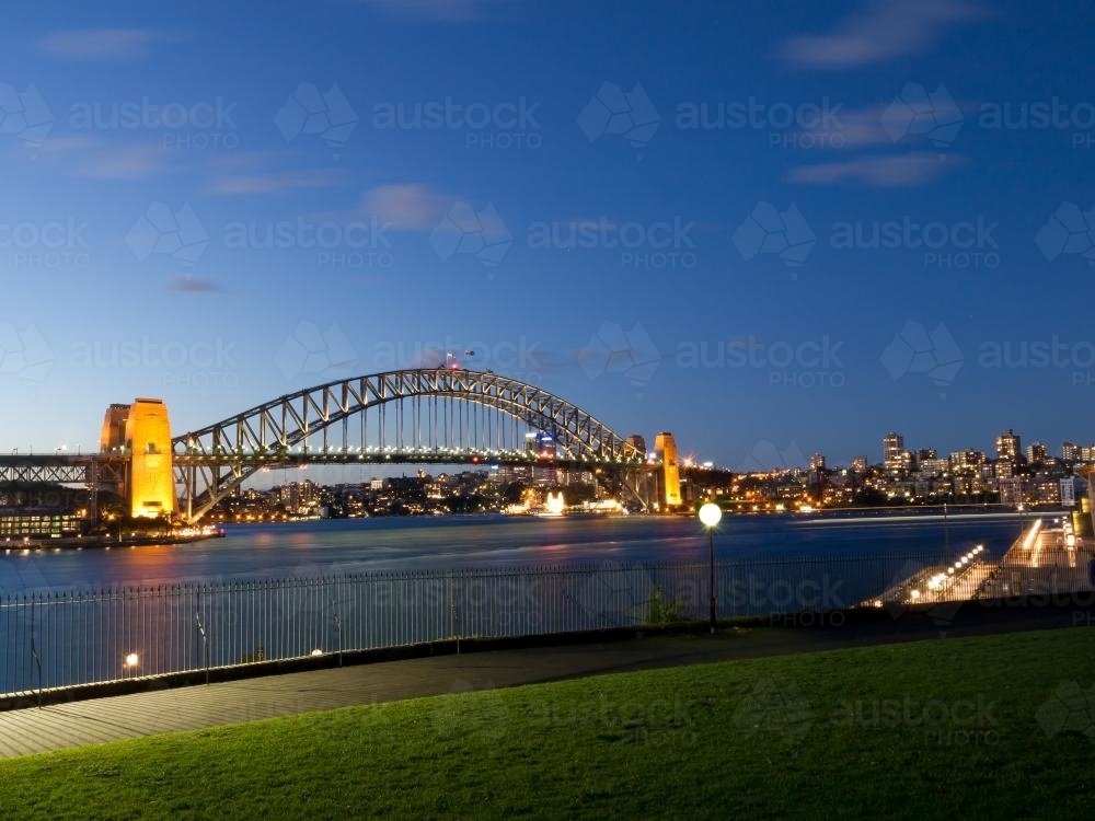 Sydney harbour bridge at dusk from the Botanic Gardens - Australian Stock Image