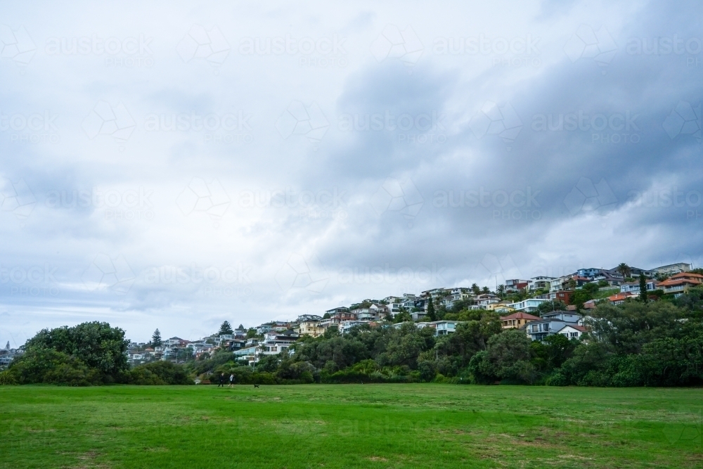 Sydney houses in the background behind park on a cloudy day - Australian Stock Image
