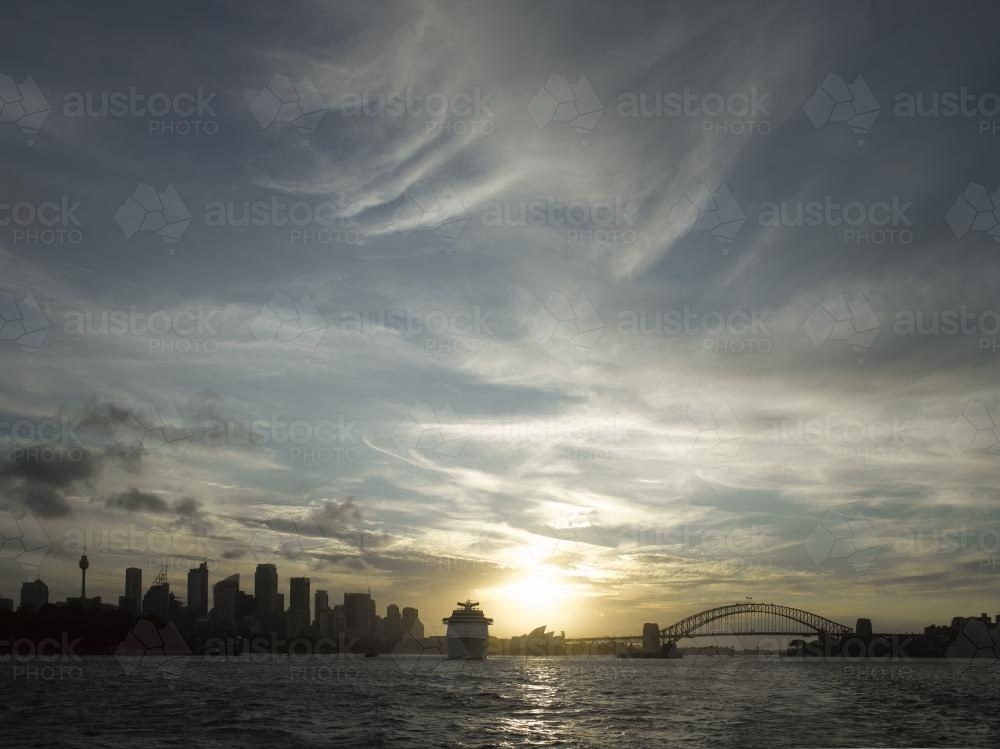 sydney skyline from manly ferry at sunset - Australian Stock Image