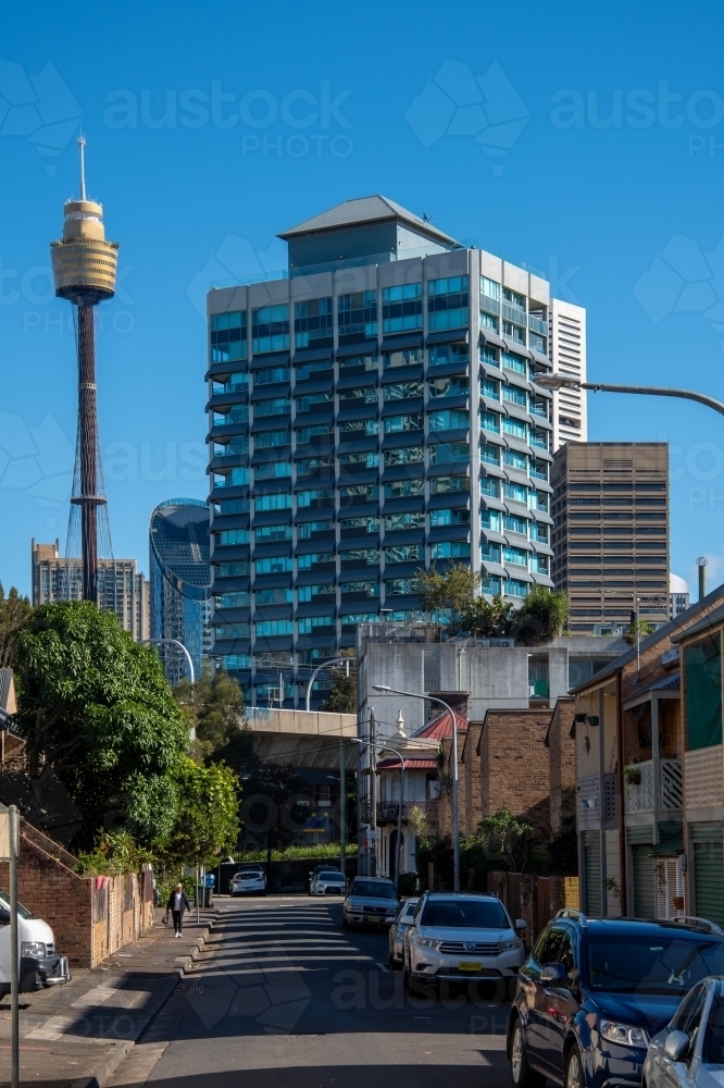 Sydney tower as seen from street in Woolloomooloo - Australian Stock Image