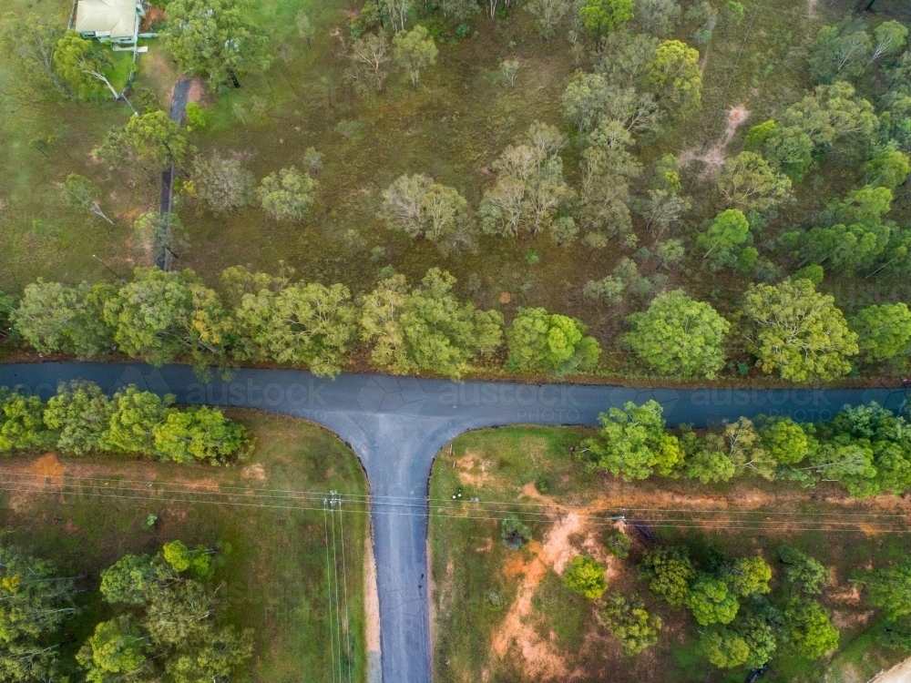 T intersection of rural roads seen from overhead - Australian Stock Image
