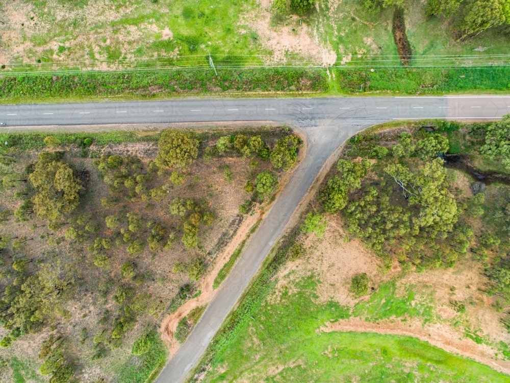 T-junction on country road from overhead - Australian Stock Image