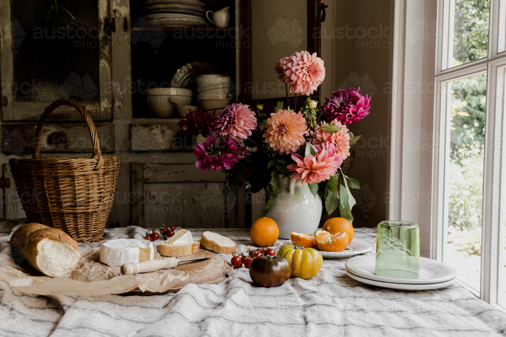 tablescape of a cheese and other picnic foods - Australian Stock Image