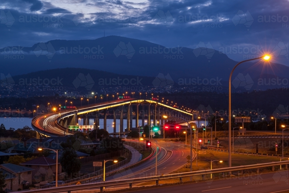 Tasman Bridge - Hobart - Tasmania illuminated at night - Australian Stock Image