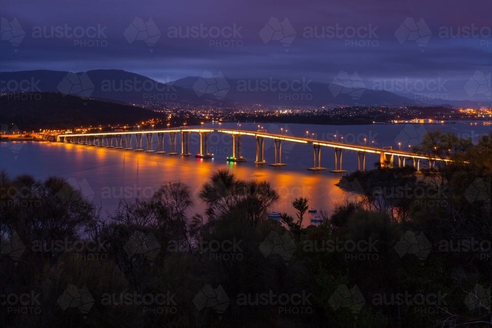 Tasman Bridge - Hobart - Tasmania illuminated at night - Australian Stock Image